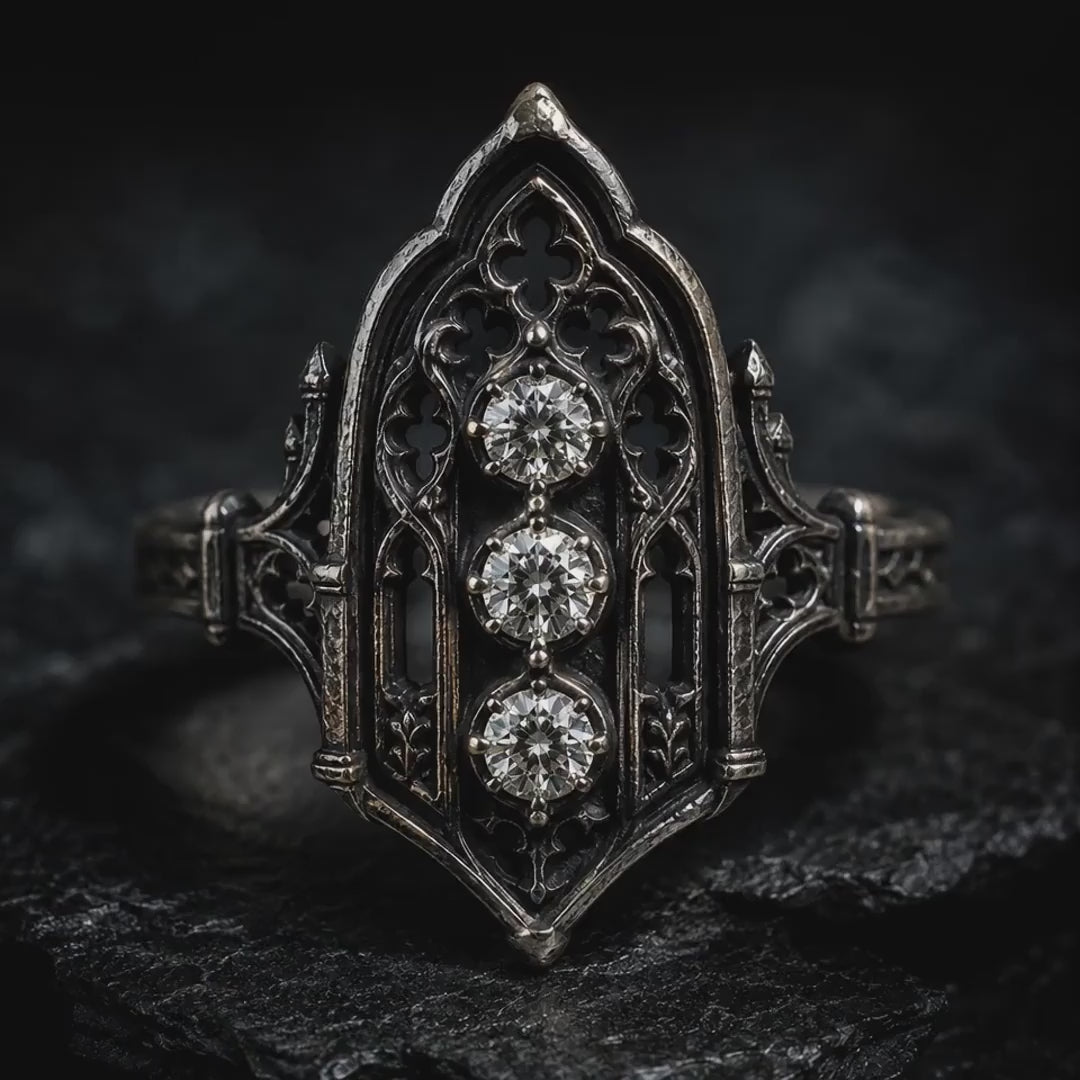 Gothic Cathedral Diamond Ring, Victorian, oxidized silver, moissanite, dark academia